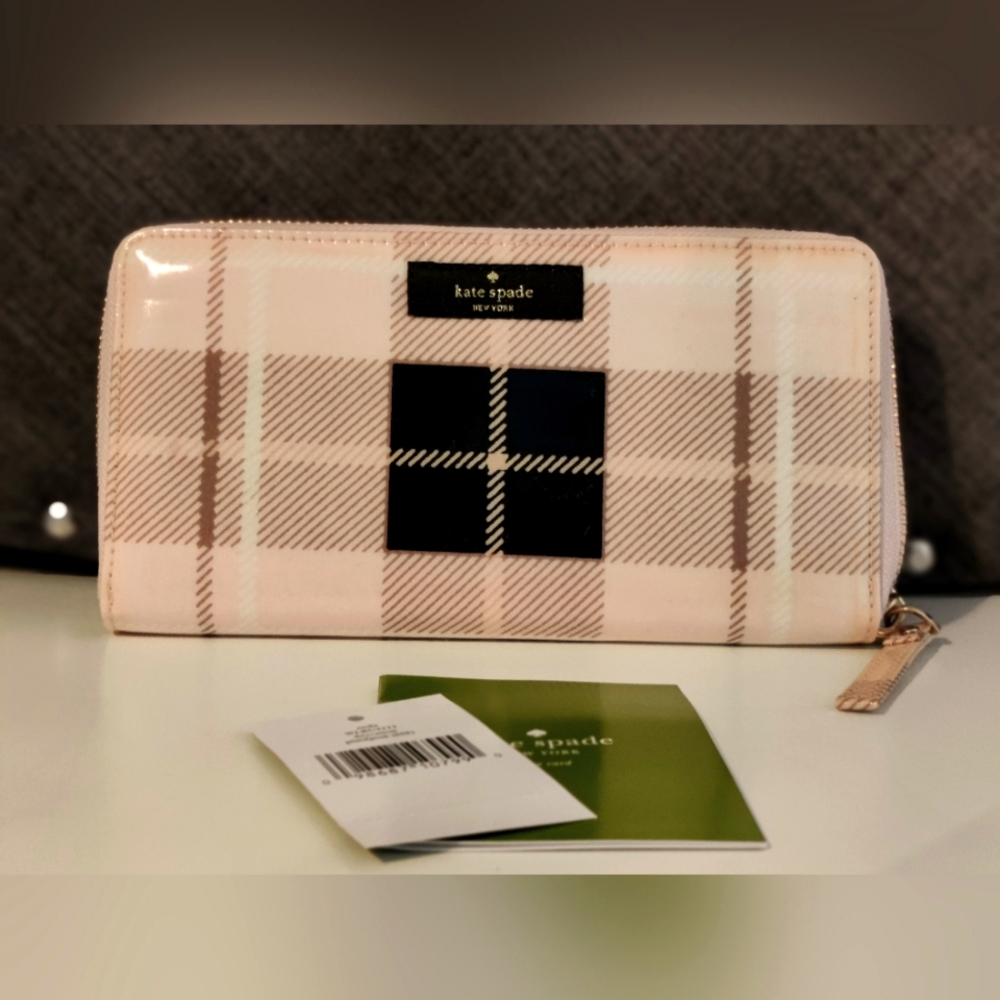 Kate Spade pale pink patent leather plaid zip around wallet